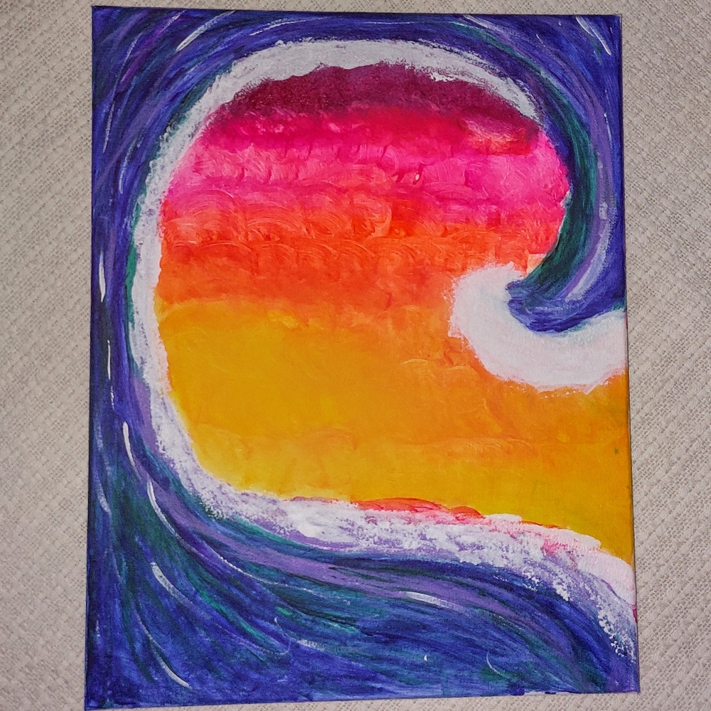 Sunset Ocean Wave on Canvas, Hand Painted